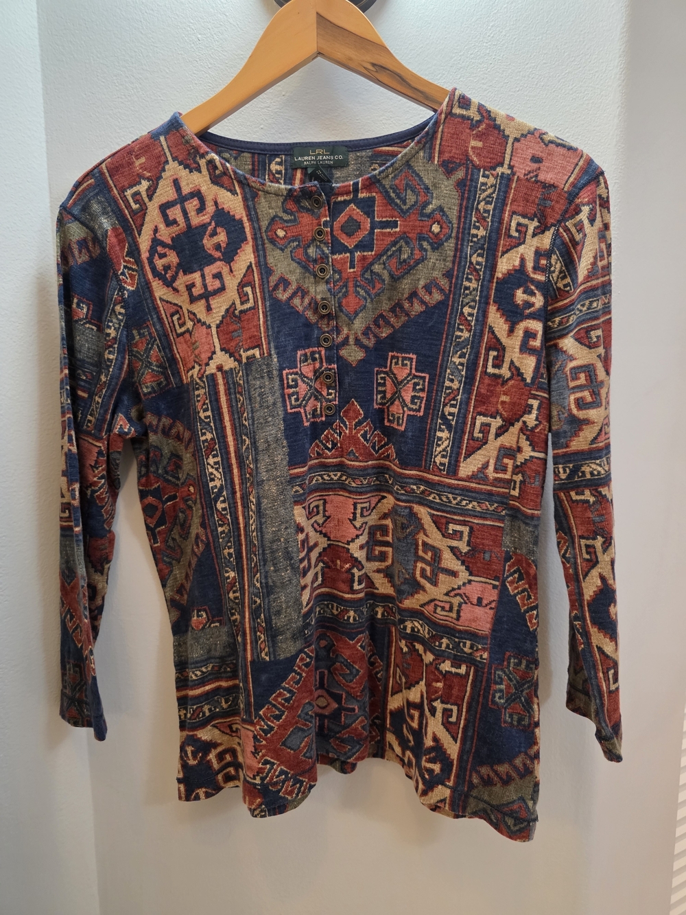 Vintage 90s Lauren Ralph Lauren Multicolor Western Aztec 3/4 Henley - Large